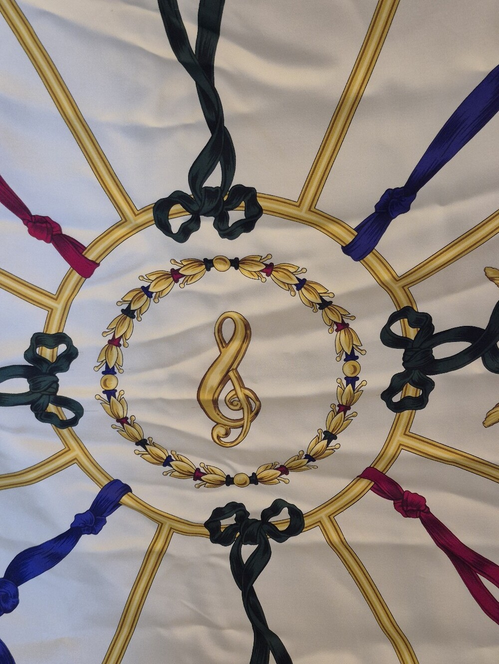 Silk Musical Instruments Print Scarf - Ivory with Navy & Gold Vintage - Picture 6 of 7